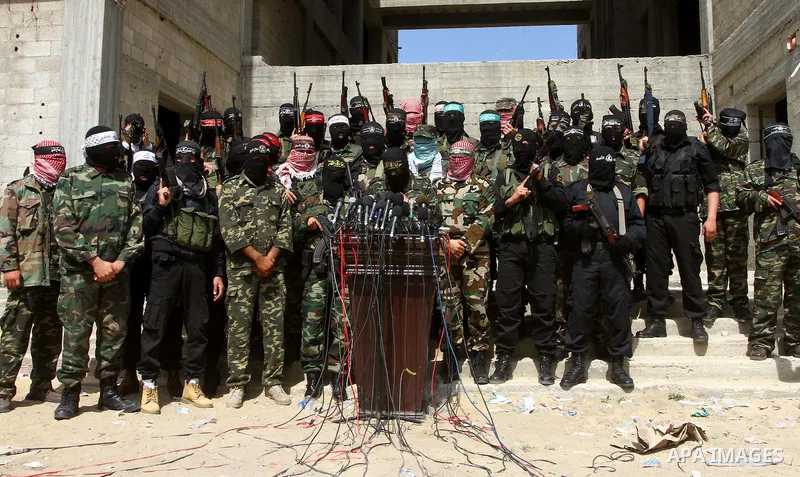 Palestinian military wings spokesmen participate a common press conference to discuss the latest israeli attacks in Gaza April 3,2011. Israel assassinated three senior leaders of Al-Qassam brigades the military wing of H...