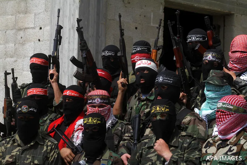 Palestinian military wings spokesmen participate a common press conference to discuss the latest israeli attacks in Gaza April 3,2011. Israel assassinated three senior leaders of Al-Qassam brigades the military wing of H...