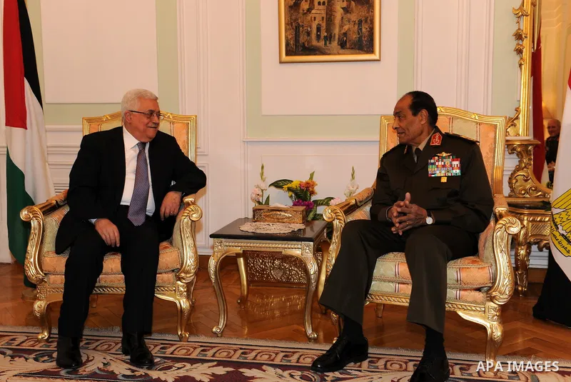 Palestinian President Mahmoud Abbas (Abu Mazen) and Field Marshal Hussein Tantawi, head of the Egyptian Armed Forces Supreme Council during their meeting in the ministry of defense headquarters in Cairo, Egypt, Thursday,...