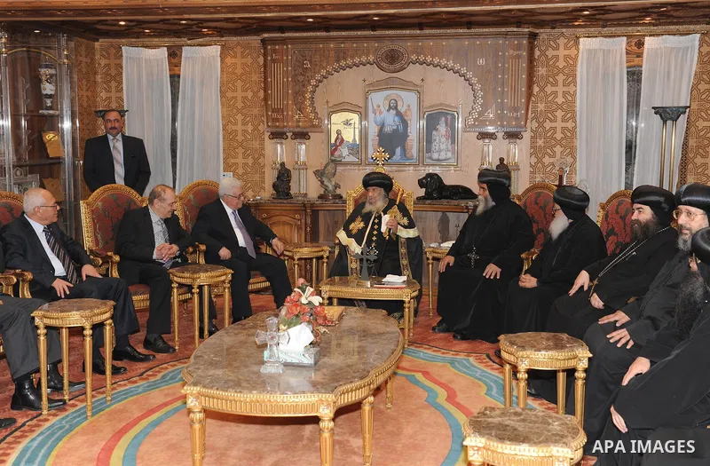 Palestinian President Mahmoud Abbas (Abu Mazen) during a meeting with Pope Shenouda, in Cairo, Egypt, Thursday, April 7, 2011. Photo by Thaer Ganaim