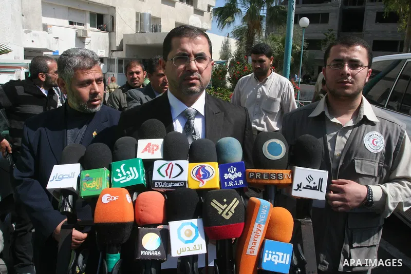 Palestinian Health minister in Gaza Strip, Basim Naem participates in a press conference in Gaza City, April 9, 2011. as the Israeli army pounded the Gaza Strip, killing at least 12 people as militants fired dozens of mo...