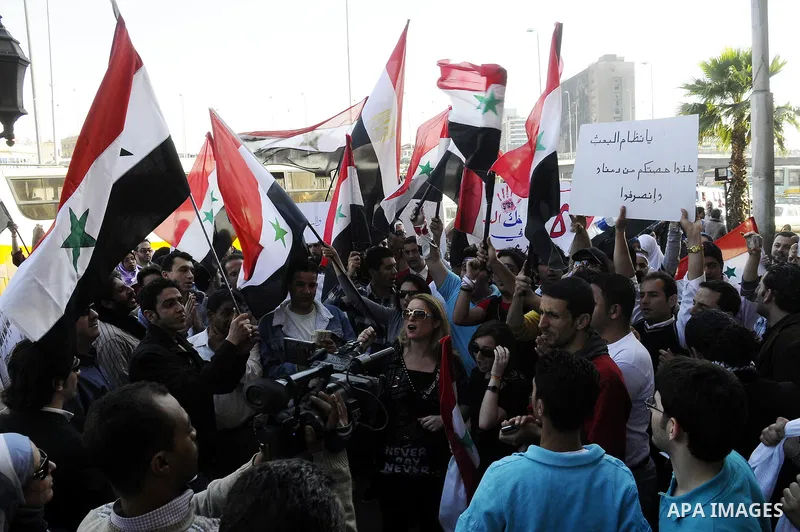 Syrians living in Egypt demonstrate against the recent actions of the Syrian government and in support of protesters at Tahrir Square, Cairo, Egypt on April 10,2011. Syrian security forces opened fire in the coastal town...