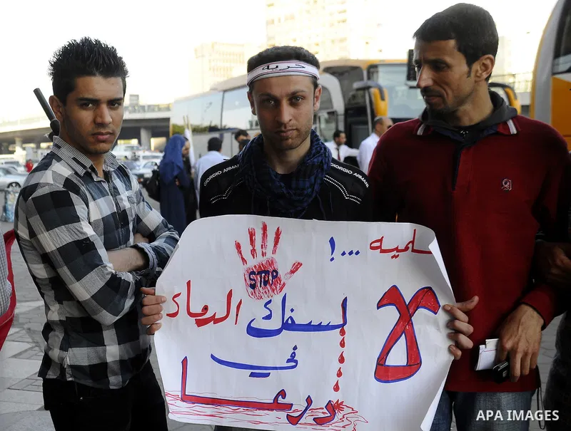 Syrians living in Egypt demonstrate against the recent actions of the Syrian government and in support of protesters at Tahrir Square, Cairo, Egypt on April 10,2011. Syrian security forces opened fire in the coastal town...