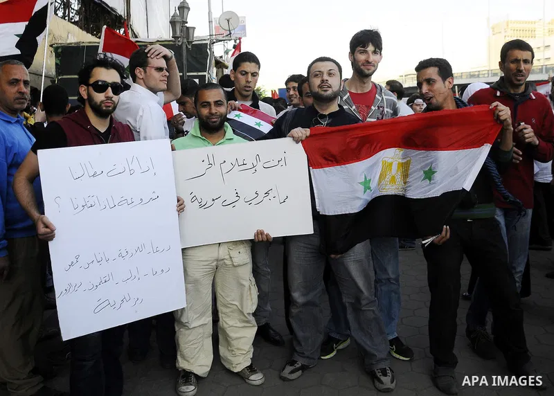 Syrians living in Egypt demonstrate against the recent actions of the Syrian government and in support of protesters at Tahrir Square, Cairo, Egypt on April 10,2011. Syrian security forces opened fire in the coastal town...