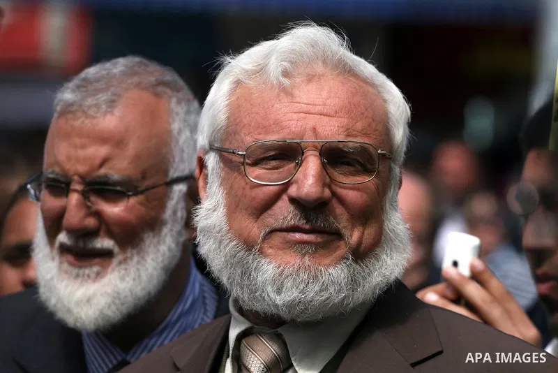 Aziz Duweik the speaker of the Hamas-dominated Palestinian parliament and Palestinian Hamas Legislative Council members, take part in a protest in the West Bank city of Ramallah on April 11,2011, calling the Palestinian...