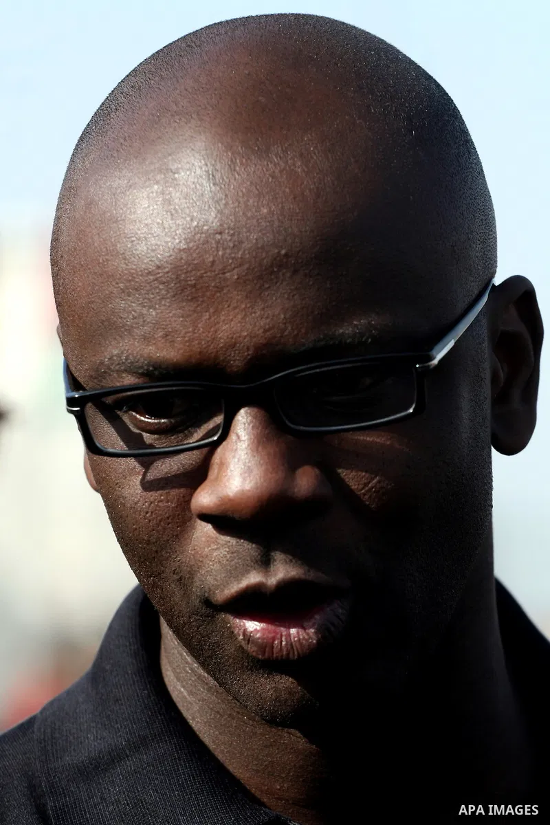 Former French football player Lilian Thuram and the Palestinian Football Association chairman Jibril Rajoub attend the inauguration of a 9,000-capacity stadium, at Al-Bireh, on the outskirts of the West Bank political an...