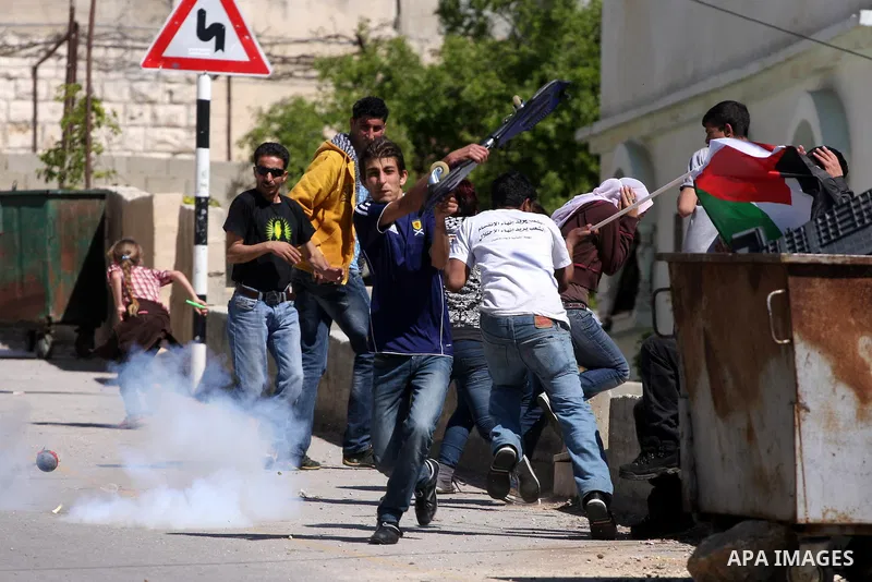 Palestinian and foreign demonstrators run away from tear gas fired by Israeli soldiers to disperse a protest against the expropriation of land to expand the Jewish settlement of Halmish, in the Palestinian village of Nab...