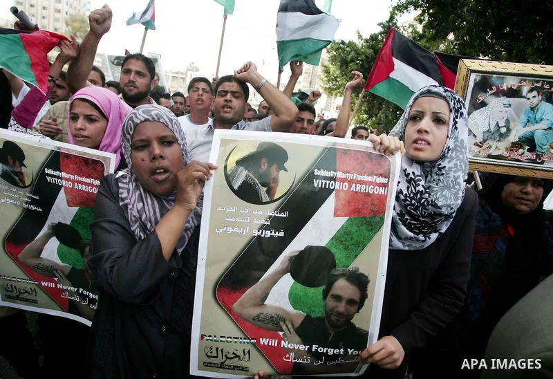 Palestinians participate in a rally, one of several taking place across the Israeli occupied West Bank and Gaza Strip, calling for the release of Palestinians being held in Israeli jails, as they mark Palestinian Prisone...