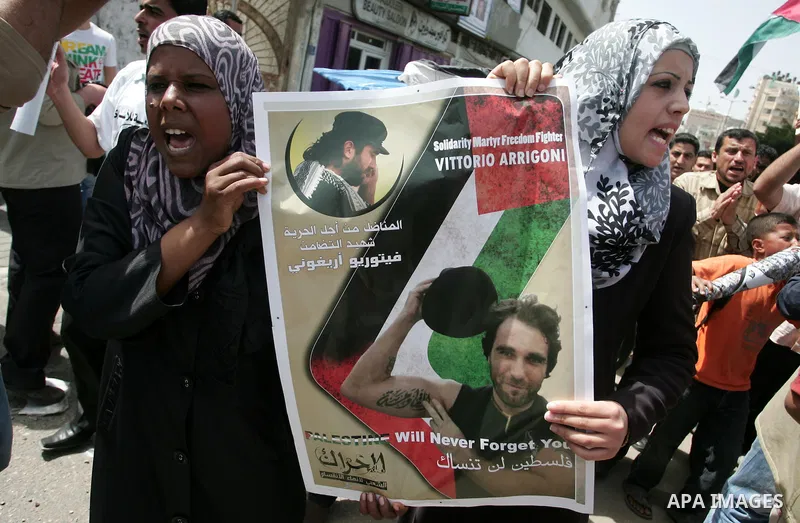 Palestinians participate in a rally, one of several taking place across the Israeli occupied West Bank and Gaza Strip, calling for the release of Palestinians being held in Israeli jails, as they mark Palestinian Prisone...