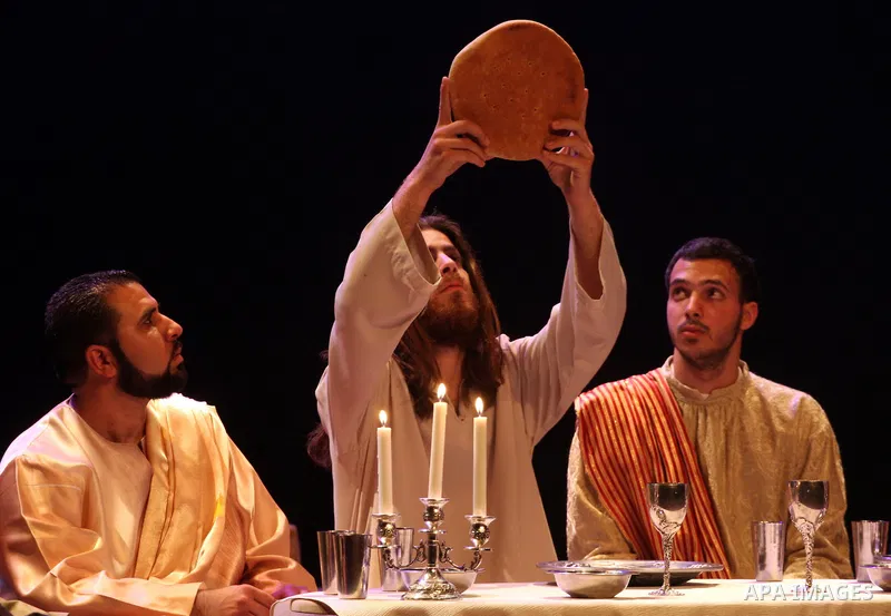 Palestinian Christians perform a play "operetta and I have Vahidi" following the last days of Jesus Christ prior and including his Crucifixion which is marked by Christians with Easter mass, in the city of Ramallah in th...