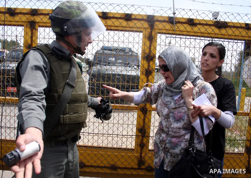 Palestinians and foreigners argue with Israeli soldiers during a protest outside Ofer prison, near the West Bank city of Ramallah, April 17, 2011, calling for the release of Palestinian prisoners from Israeli jails. Apri...