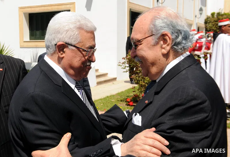 Palestinian President Mahmoud Abbas during a meeting with Tunisian President Fouad Mebazaa in Tunisia on April 19,2011. Photo by Thaer Ganaim
