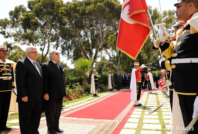 Palestinian President Mahmoud Abbas during a meeting with Tunisian President Fouad Mebazaa in Tunisia on April 19,2011. Photo by Thaer Ganaim
