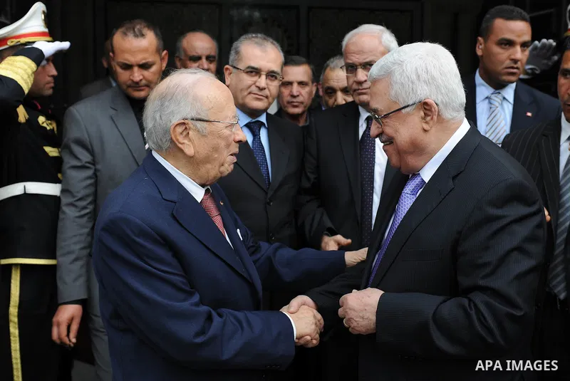 Palestinian President Mahmoud Abbas (Abu Mazen) during a meeting with Prime Minister of Tunisia Badji Sbsi.in Tunisia on April 19, 2011. Photo by Thaer Ganaim