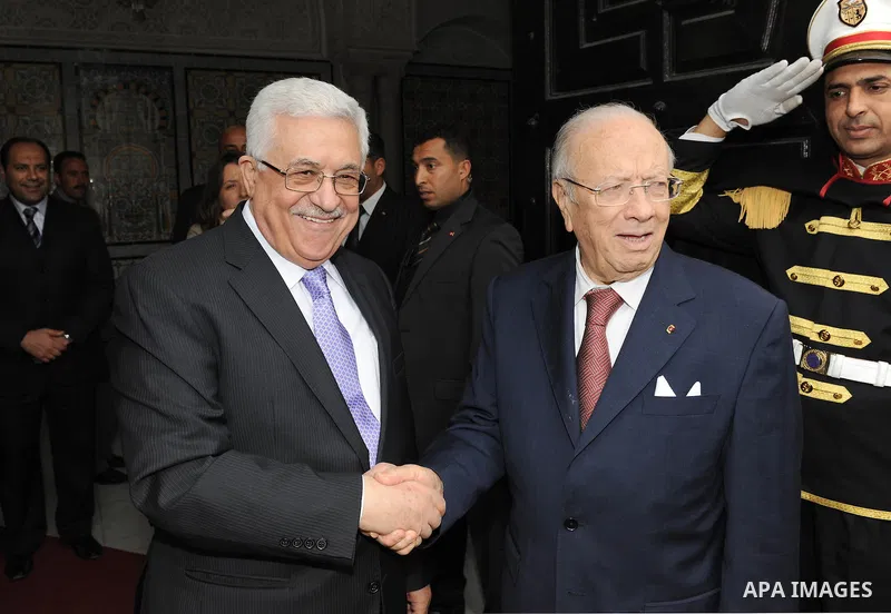 Palestinian President Mahmoud Abbas (Abu Mazen) during a meeting with Prime Minister of Tunisia Badji Sbsi.in Tunisia on April 19, 2011. Photo by Thaer Ganaim