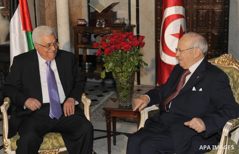 Palestinian President Mahmoud Abbas (Abu Mazen) during a meeting with Prime Minister of Tunisia Badji Sbsi.in Tunisia on April 19, 2011. Photo by Thaer Ganaim