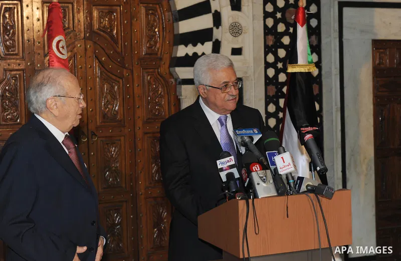 Palestinian President Mahmoud Abbas (Abu Mazen) during a meeting with Prime Minister of Tunisia Badji Sbsi.in Tunisia on April 19, 2011. Photo by Thaer Ganaim