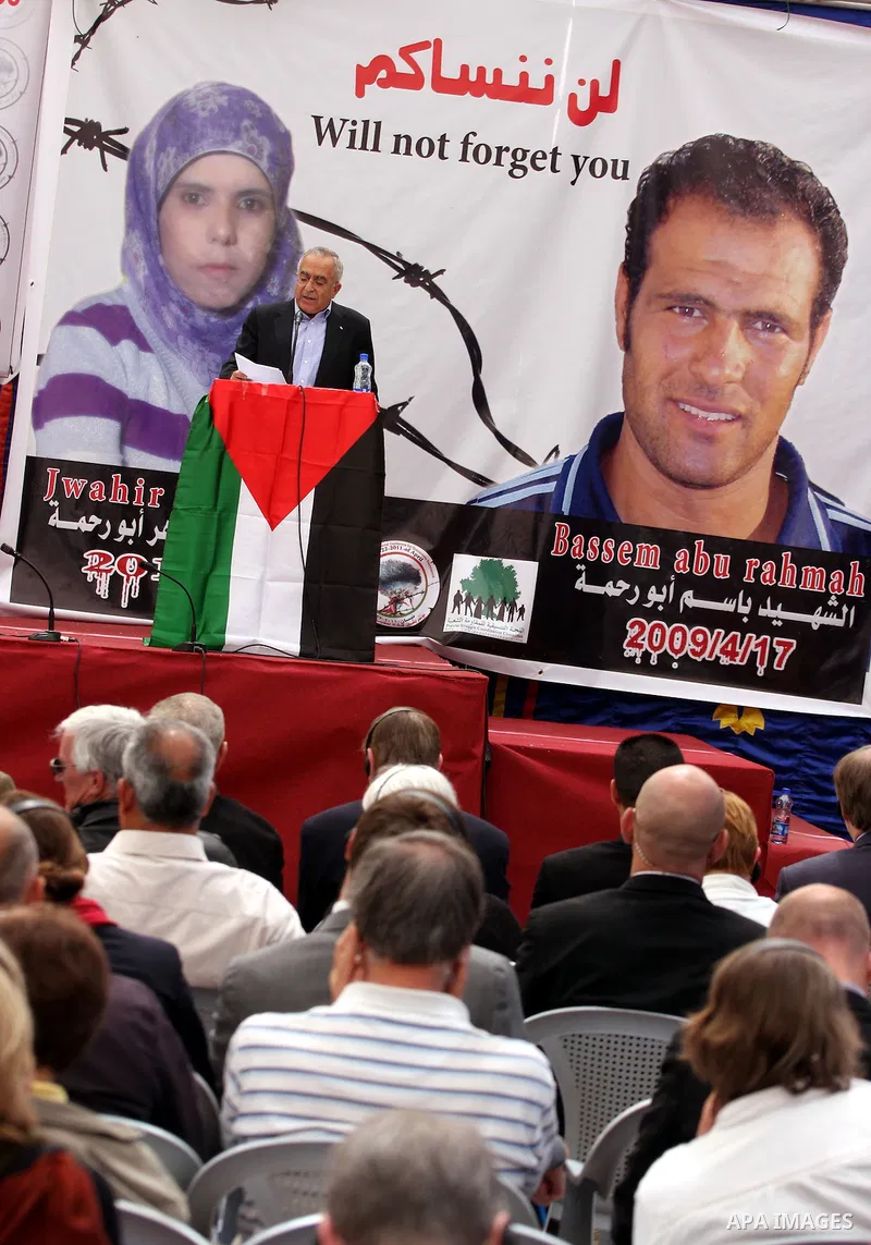 Palestinian prime minister Salam Fayyad participates the opening ceremony of the 6th Bilin international conference for Palestinian Popular Resistance on April 20, 2011 in West Bank village of Bilin, near Ramallah. Fayya...