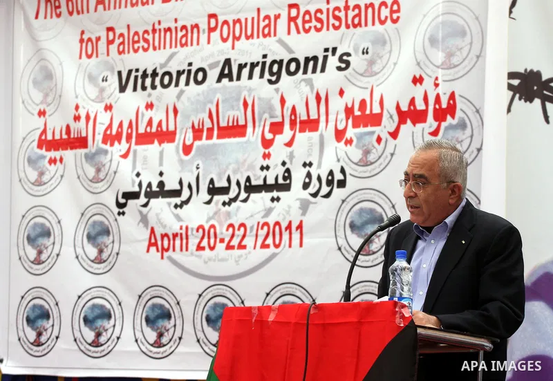 Palestinian prime minister Salam Fayyad participates the opening ceremony of the 6th Bilin international conference for Palestinian Popular Resistance on April 20, 2011 in West Bank village of Bilin, near Ramallah. Fayya...