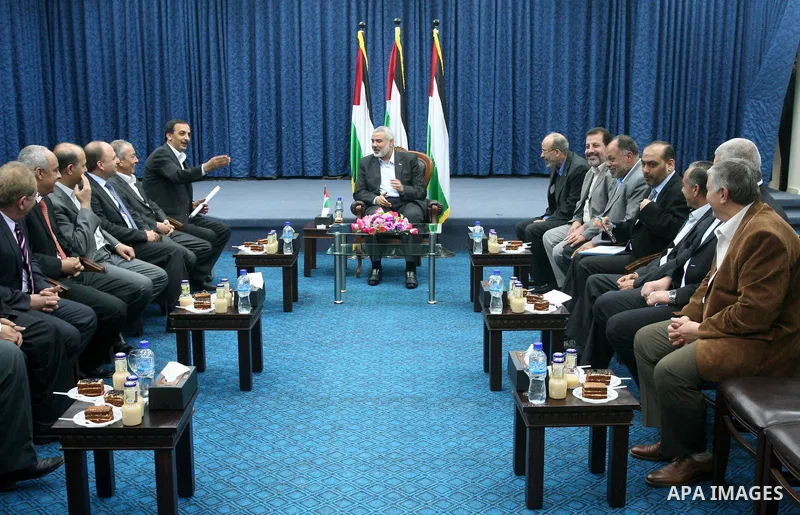 Palestinian Prime Minister in the Gaza Strip, Ismail Haniya meets with Businessmen's delegation, at his office in Gaza City. on April 11, 2011. Photo by Mohamad Asad