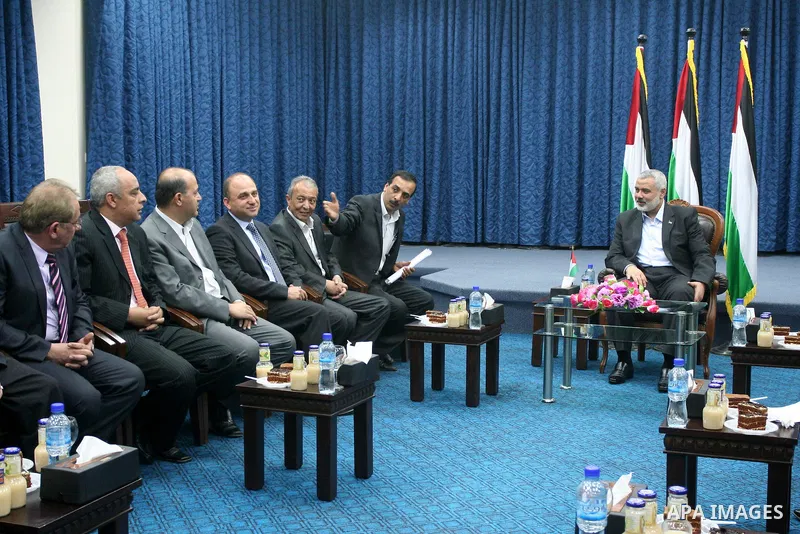 Palestinian Prime Minister in the Gaza Strip, Ismail Haniya meets with Businessmen's delegation, at his office in Gaza City. on April 11, 2011. Photo by Mohamad Asad