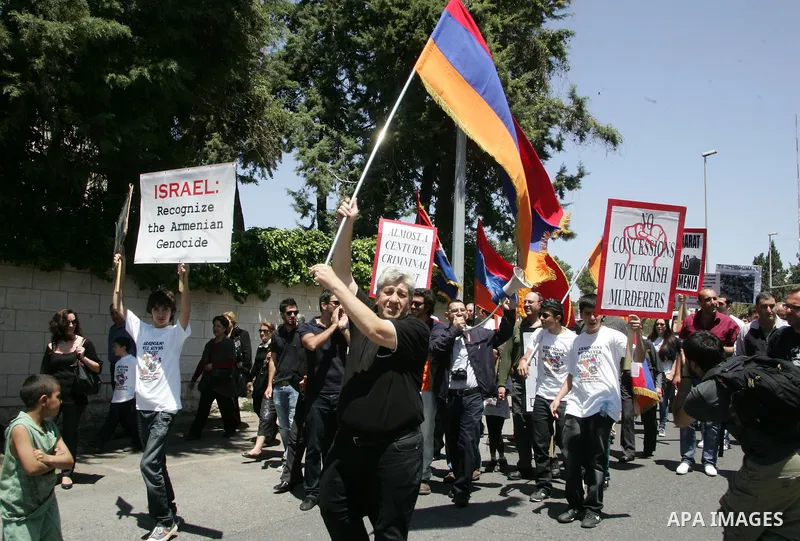 Members of the Armenian community in Jerusalem rally outside the Turkish consulate in Jerusalem on April 24, 2011 to mark the 96th anniversary of mass killings of Armenians under the Ottoman Empire. Armenians say up to 1...
