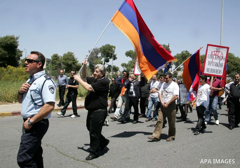 Members of the Armenian community in Jerusalem rally outside the Turkish consulate in Jerusalem on April 24, 2011 to mark the 96th anniversary of mass killings of Armenians under the Ottoman Empire. Armenians say up to 1...