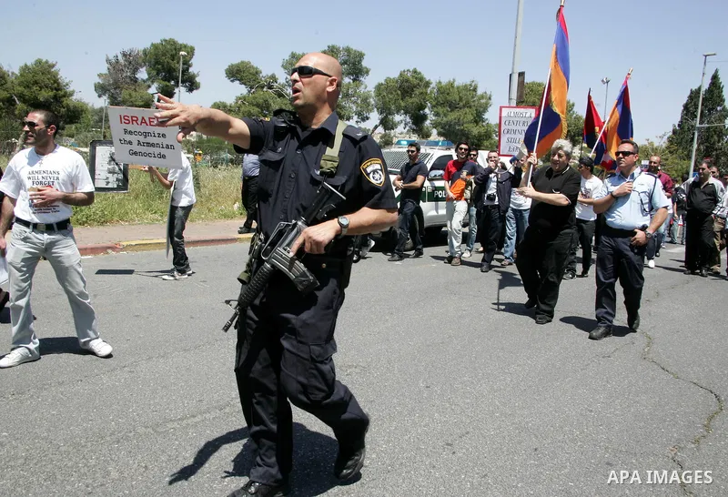 Members of the Armenian community in Jerusalem rally outside the Turkish consulate in Jerusalem on April 24, 2011 to mark the 96th anniversary of mass killings of Armenians under the Ottoman Empire. Armenians say up to 1...