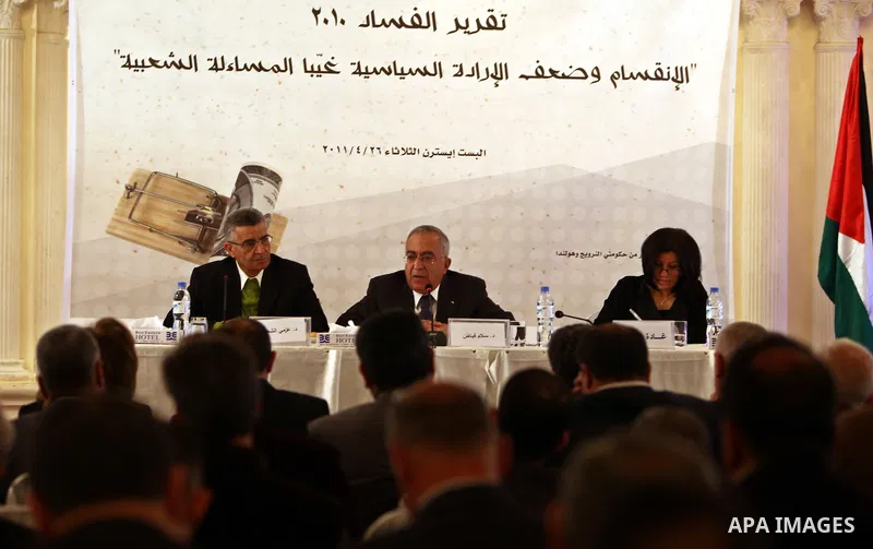 Palestinian Prime Minister, Salam Fayyad participates in the discussion session of the 2011 budget during the AMAN seventh annual conference in the West Bank city of Ramallah on April 23, 2011. Photo by Mustafa Abu Dayeh