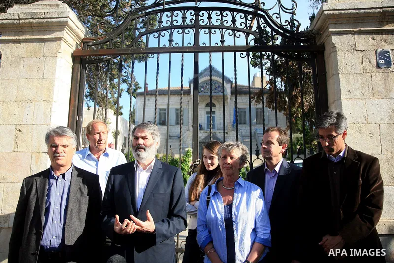 European Parliament deputies gather to attend a press conference in front of Orient House in East Jerusalem on April 26,2011. Photo by Sliman Khader
