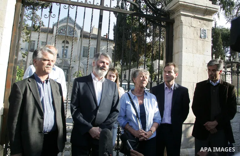 European Parliament deputies gather to attend a press conference in front of Orient House in East Jerusalem on April 26,2011. Photo by Mahfouz Abu Turk
