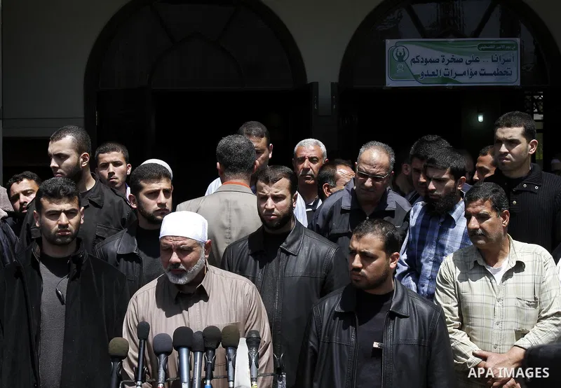 Palestinian Prime Minister in Gaza Strip, Ismail Haniya holds a press conference after Friday prayers in Gaza City on April 29, 2011, two days after the Fatah party which dominates the West Bank-based Palestinian Authori...