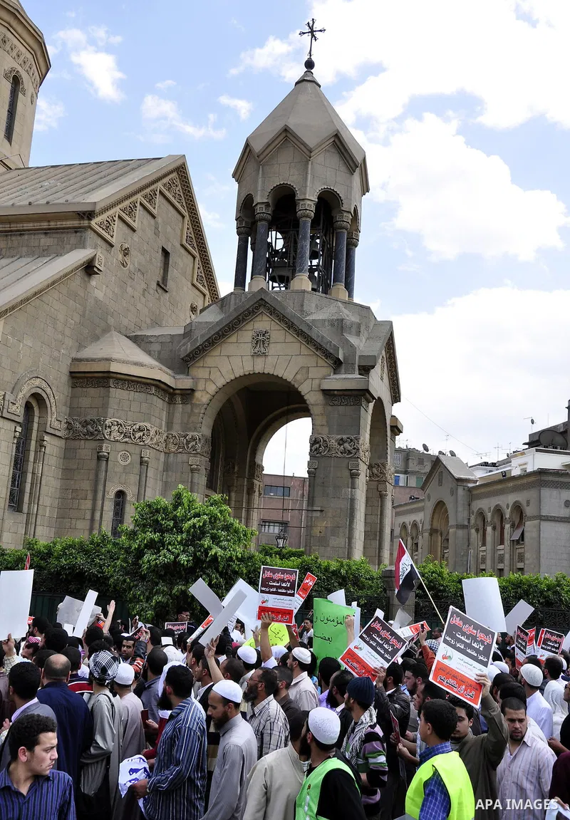 Salafists hold banners calling for the release of Kamilia Shehata, a Muslim woman who according to them is kept by the Coptic Church, during a protest in front of Al Nour mosque in Abbasiya, Cairo, Egypt, 29 April 2011....