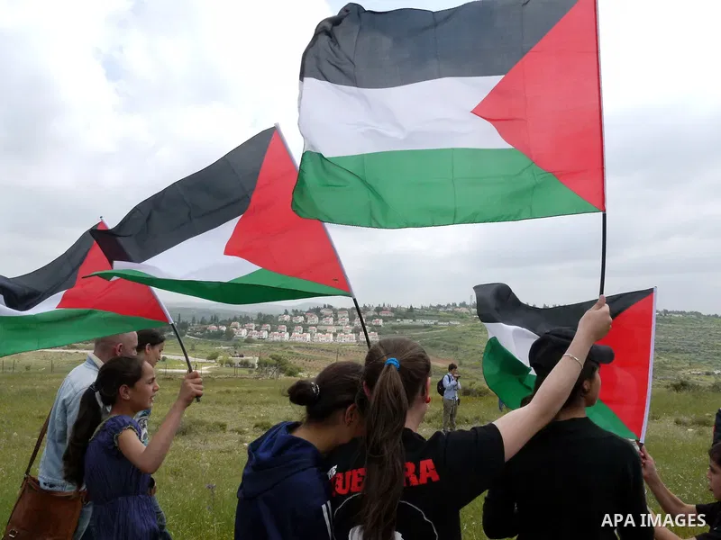 Demonstrators wave Palestinian flag during protest against the expropriation of Palestinian land to expand the Jewish settlement of Halmish on April 29, 2011 in the West Bank village of Nabi Saleh.. Photo by Issam Rimawi