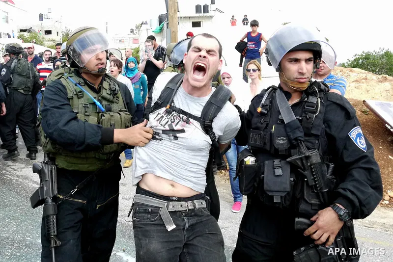 Israeli soldiers detain a pro-Palestinian activist during protest against the expropriation of Palestinian land to expand the Jewish settlement of Halmish on April 29, 2011 in the West Bank village of Nabi Saleh. Photo b...