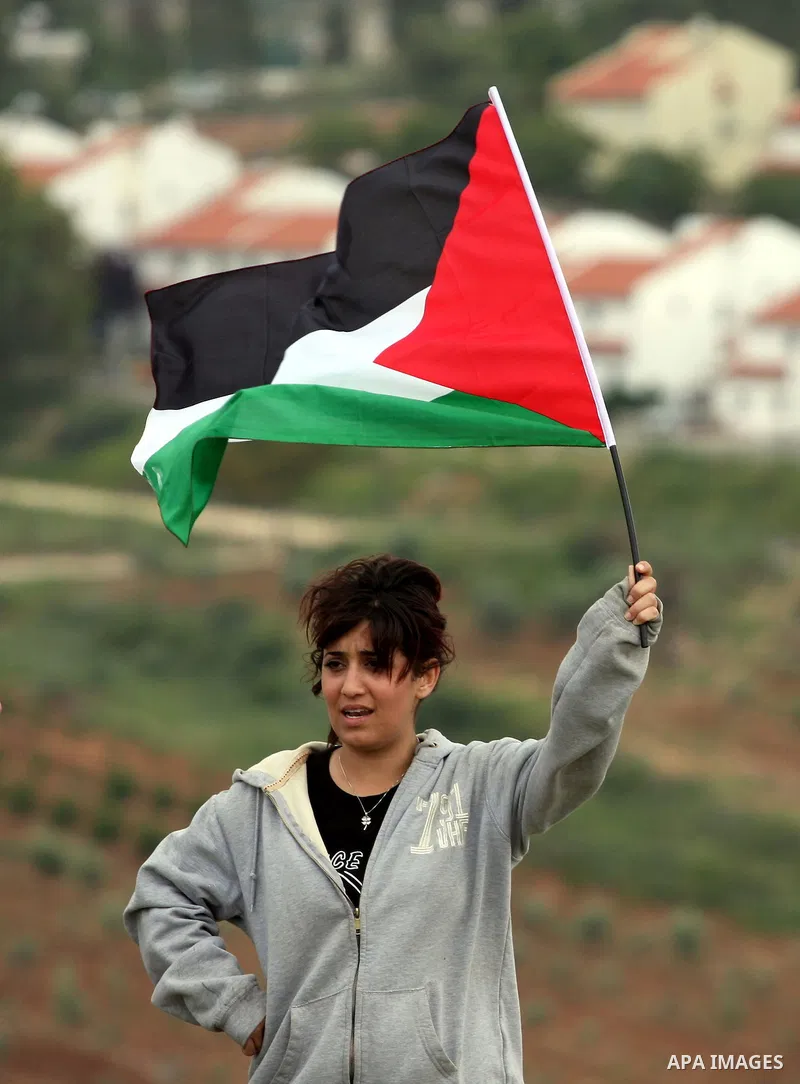 Demonstrators wave Palestinian flag during protest against the expropriation of Palestinian land to expand the Jewish settlement of Halmish on April 29, 2011 in the West Bank village of Nabi Saleh.. Photo by Issam Rimawi