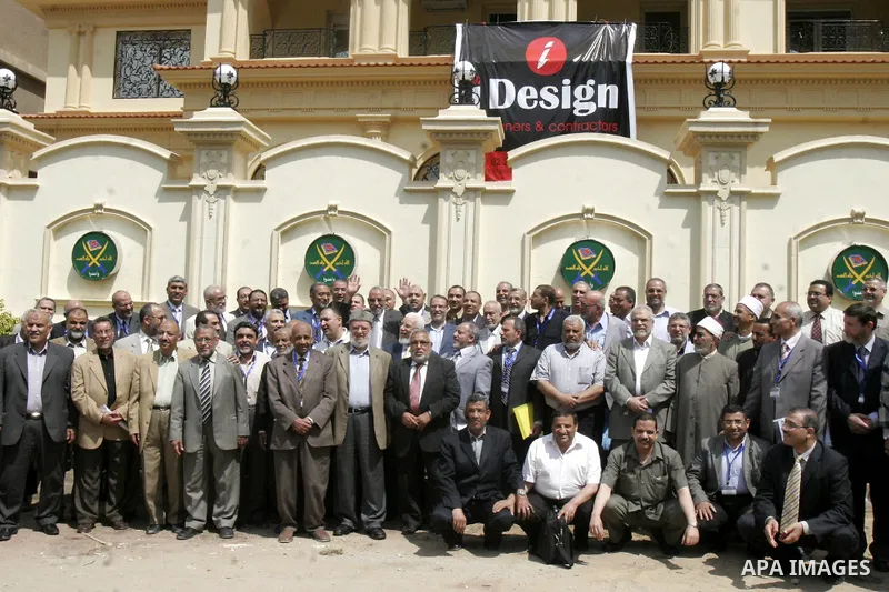 Members of Egypt's Muslim Brotherhood, the country's best organised movement take part in a press conference in Cairo on April 30, 2011, to announce the formation of a new party, the Freedom and Justice Party, to contest...