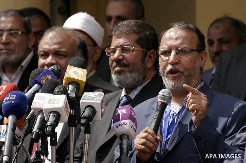 Members of Egypt's Muslim Brotherhood, the country's best organised movement take part in a press conference in Cairo on April 30, 2011, to announce the formation of a new party, the Freedom and Justice Party, to contest...