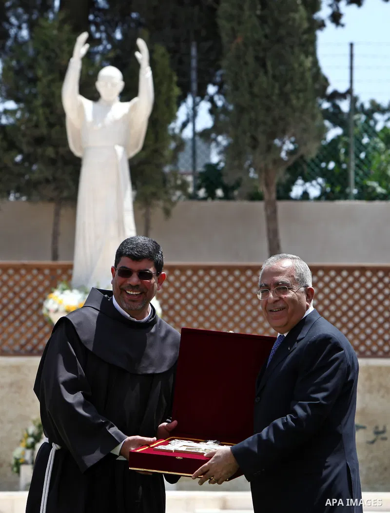 Palestinian Prime Minister Salam Fayyad attends simultaneous ceremony for the Beatification of the late Pope John Paul II and the unveiling of the first statue of him in the Middle East in direct satellite connection wit...