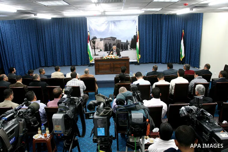 Palestinian prime minister in Gaza Strip, Ismail Haniya speaks during a meeting with journalists about the latest political development the Palestinian unity between Fatah and Hamas in Gaza city on May 2,2011. Photo by M...