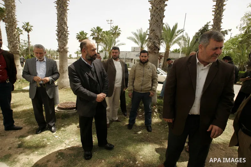 A Gaza Strip-based delegation with members of the Fatah party, the Popular Front for the Liberation of Palestine (PFLP) and the Islamic Jihad arrive at the Rafah border terminal in the southern Gaza Strip on May 02, 2011...