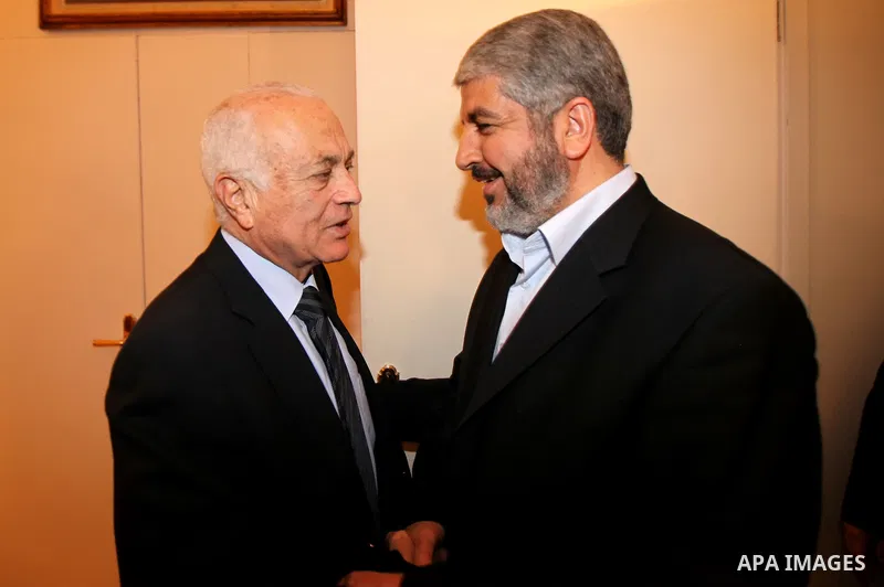 Egyptian Foreign Minister, Nabil al-Arabi meets with Senior Hamas Leader Khaled Mashaal in Cairo on May 3, 2011. Palestinian factions signed a reconciliation deal in Cairo to end the divide between the West Bank and Gaza...