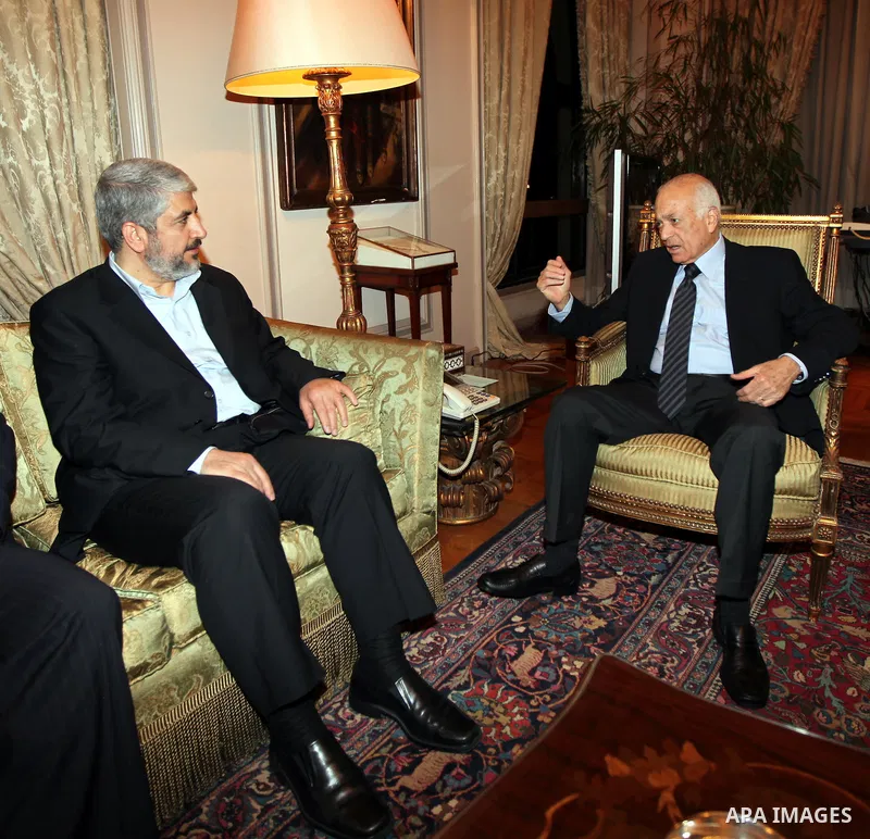 Egyptian Foreign Minister, Nabil al-Arabi meets with Senior Hamas Leader Khaled Mashaal in Cairo on May 3, 2011. Palestinian factions signed a reconciliation deal in Cairo to end the divide between the West Bank and Gaza...