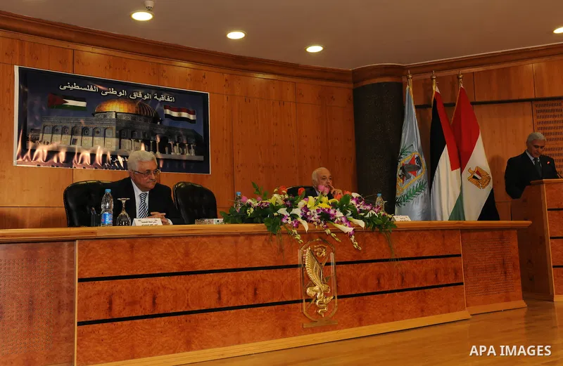 Palestinian President Mahmoud Abbas (Abu Mazen) attends the signing of reconciliation agreement in Cairo, Egypt on May 4,2011. Fatah and Hamas officials lead a ceremony celebrating the signing of a reconciliation deal in...