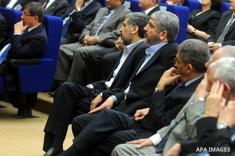 Senior Hamas leader Khaled Mashaal attends the signing of reconciliation agreement in Cairo, Egypt on May 4,2011. Fatah and Hamas officials lead a ceremony celebrating the signing of a reconciliation deal intended to rep...