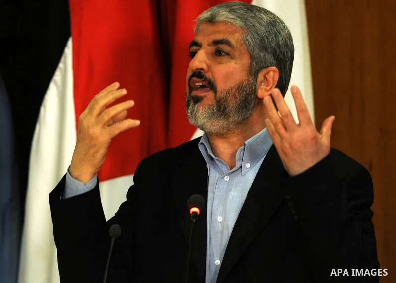 Senior Hamas leader Khaled Mashaal delivers speech during the signing of reconciliation agreement in Cairo, Egypt on May 4,2011. Fatah and Hamas officials lead a ceremony celebrating the signing of a reconciliation deal...