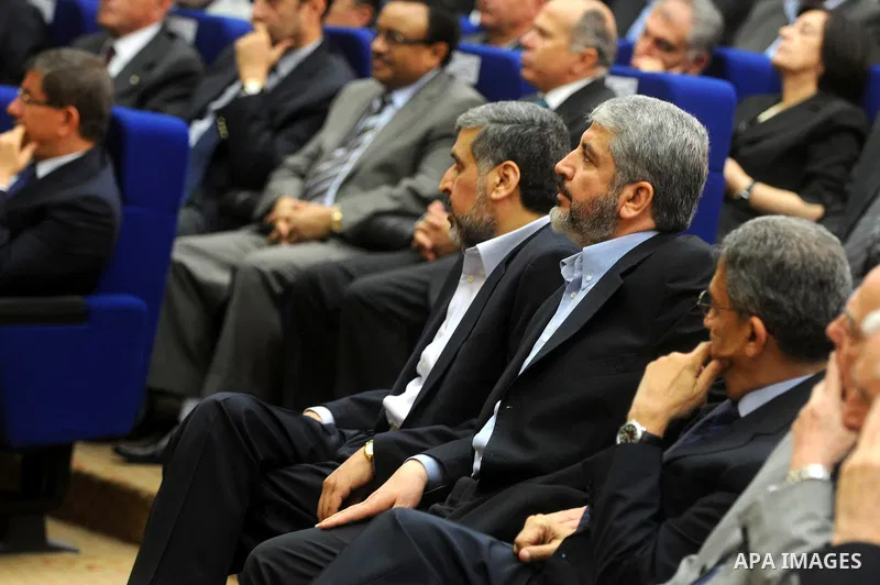 Senior Hamas leader Khaled Mashaal attends the signing of reconciliation agreement in Cairo, Egypt on May 4,2011. Fatah and Hamas officials lead a ceremony celebrating the signing of a reconciliation deal intended to rep...