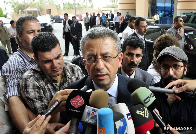 Palestinian, Mustafa al-Barghousi speaks to media at a hotel in Cairo, Egypt on May 4,2011. Fatah and Hamas officials lead a ceremony celebrating the signing of a reconciliation deal intended to repair ties between the r...