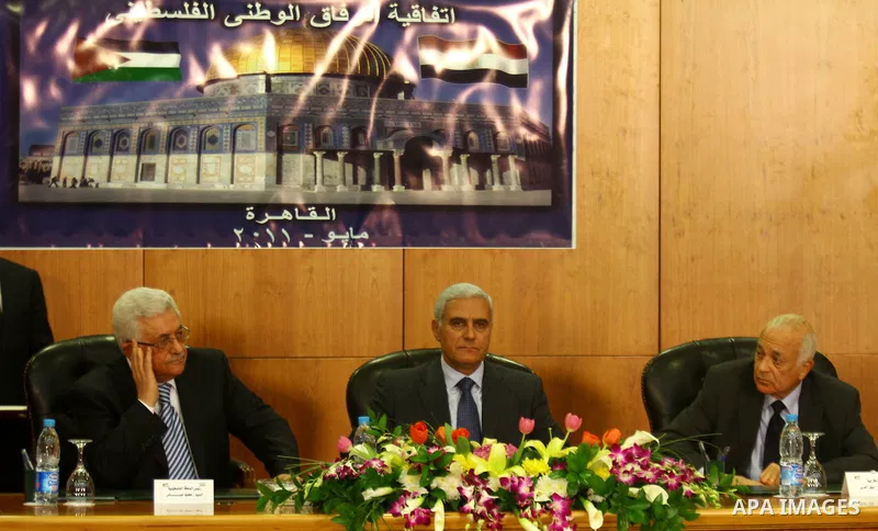 Palestinian President Mahmoud Abbas (Abu Mazen) attends the signing of reconciliation agreement in Cairo, Egypt on May 4,2011. Fatah and Hamas officials lead a ceremony celebrating the signing of a reconciliation deal in...