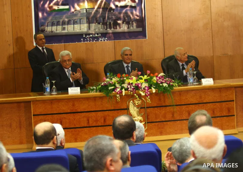 Palestinian President Mahmoud Abbas (Abu Mazen) attends the signing of reconciliation agreement in Cairo, Egypt on May 4,2011. Fatah and Hamas officials lead a ceremony celebrating the signing of a reconciliation deal in...